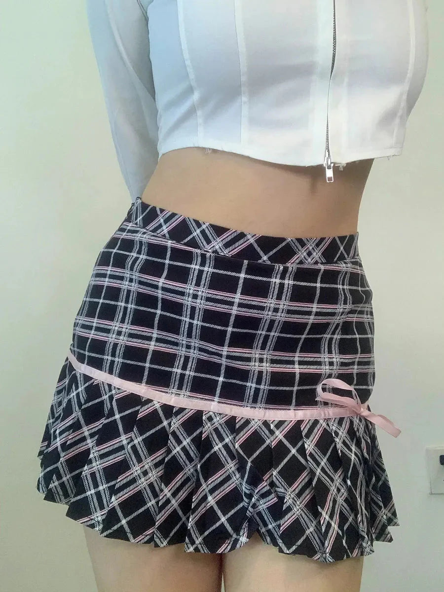 Kawaii Checked Bowtie Mini Skirt Q596435