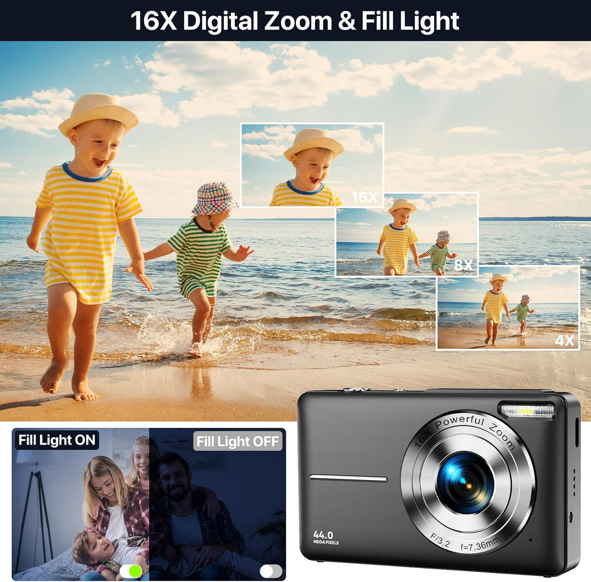 Black 44MP FHD 1080P Compact Digital Camera with 32GB Card C5385