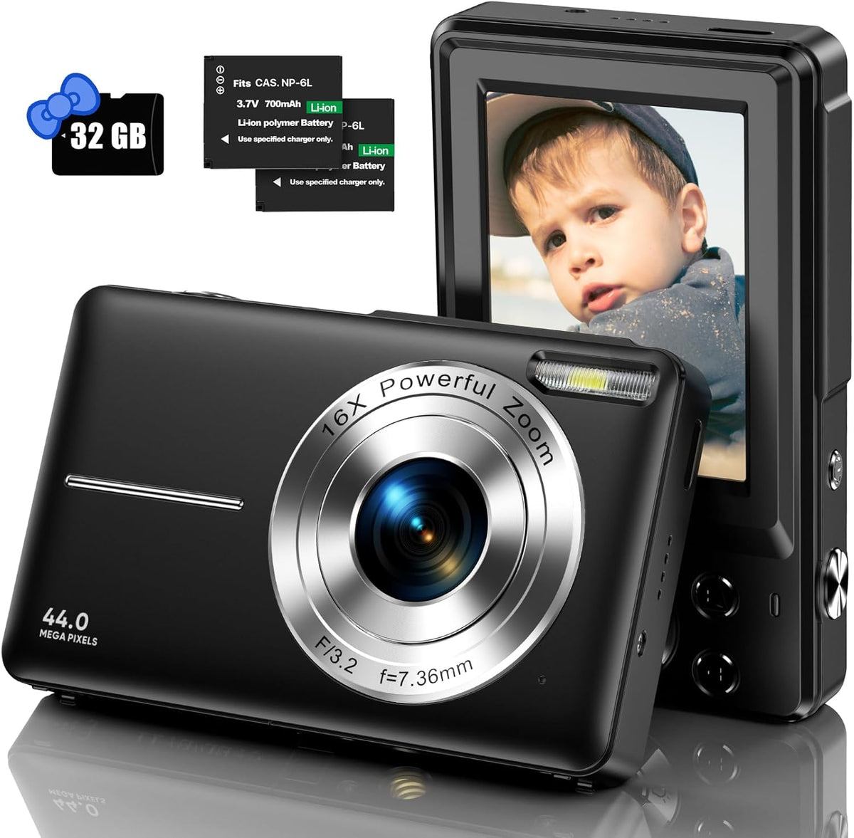 Black 44MP FHD 1080P Compact Digital Camera with 32GB Card C5385