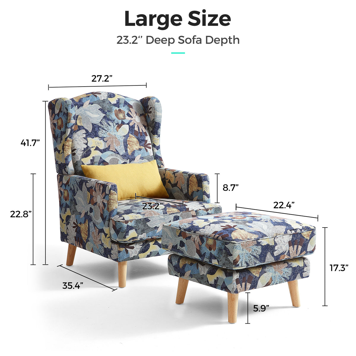 Accent Chair with Ottoman and Pillow, Wooden Leg Q163