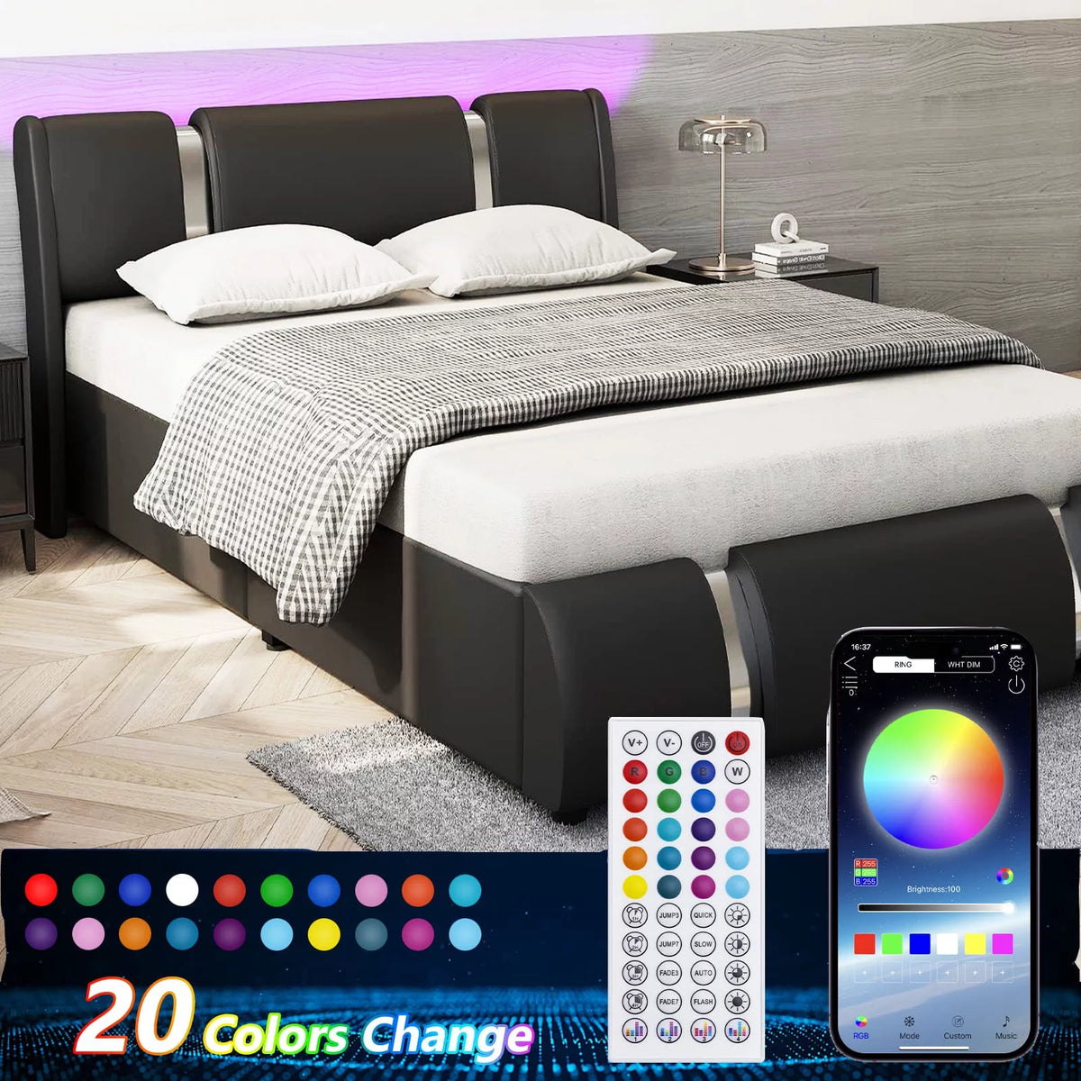 Faux Leather Full Size Platform Bed with LED Light and Adjustable Headboard V36407