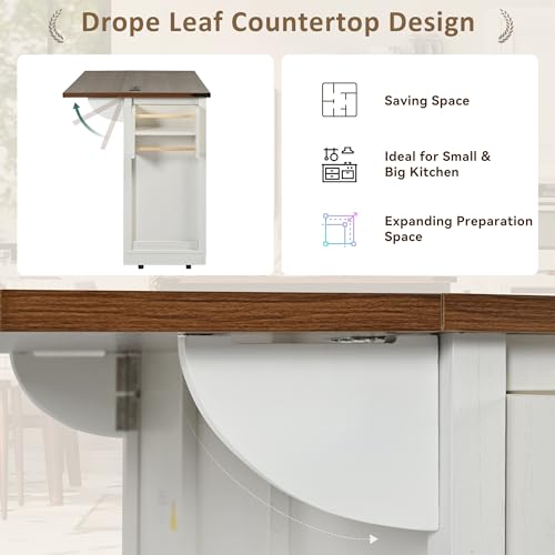 Retro White Kitchen Island on Wheels with Drop Leaf T232
