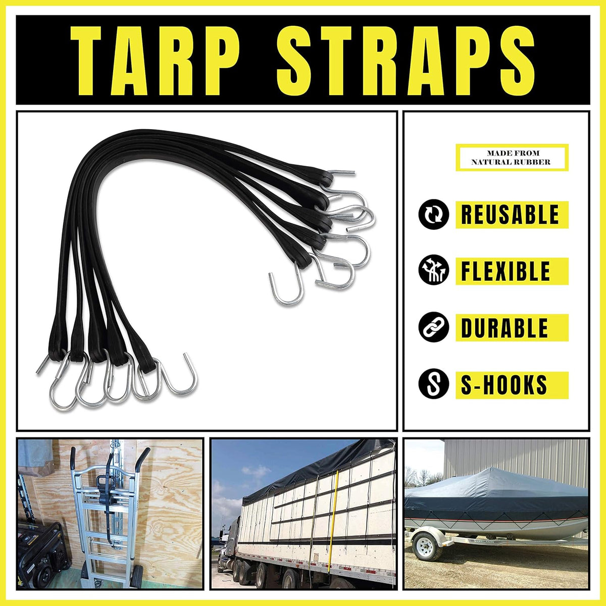 Natural Rubber Bungee Cords with Hooks 15" Pack of 50 V7234