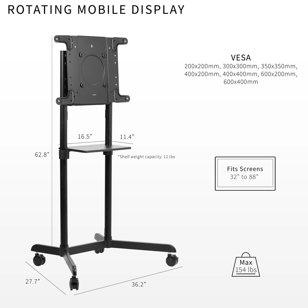 Black Mobile TV Cart for 32" to 88" Flat Screens V373