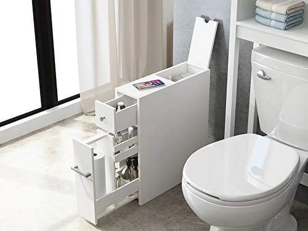 White Slim Bathroom Storage Cabinet with Toilet Paper Holder and Slide Out Drawer Y310