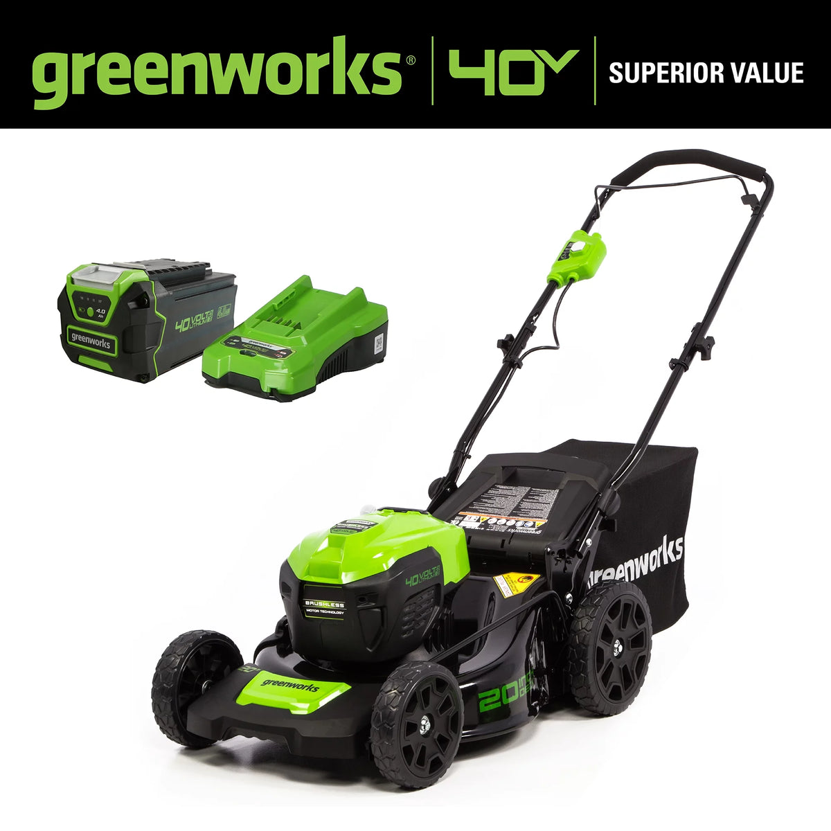 40V 20 Brushless Push Lawn Mower with 4.0 Ah Battery & Quick Charger U551742