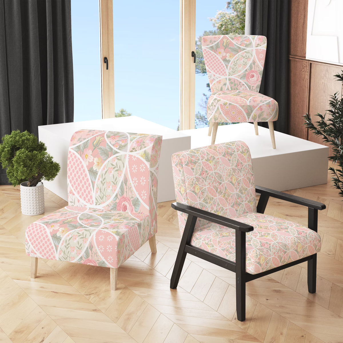 Pink Floral Patchwork Upholstered Accent Chair and Arm Chair D203819