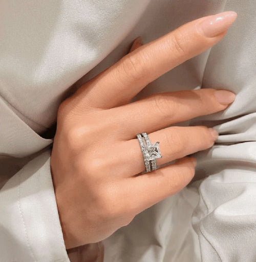 14K White Gold Plated Princess Cut Moissanite Engagement Ring Set X2791