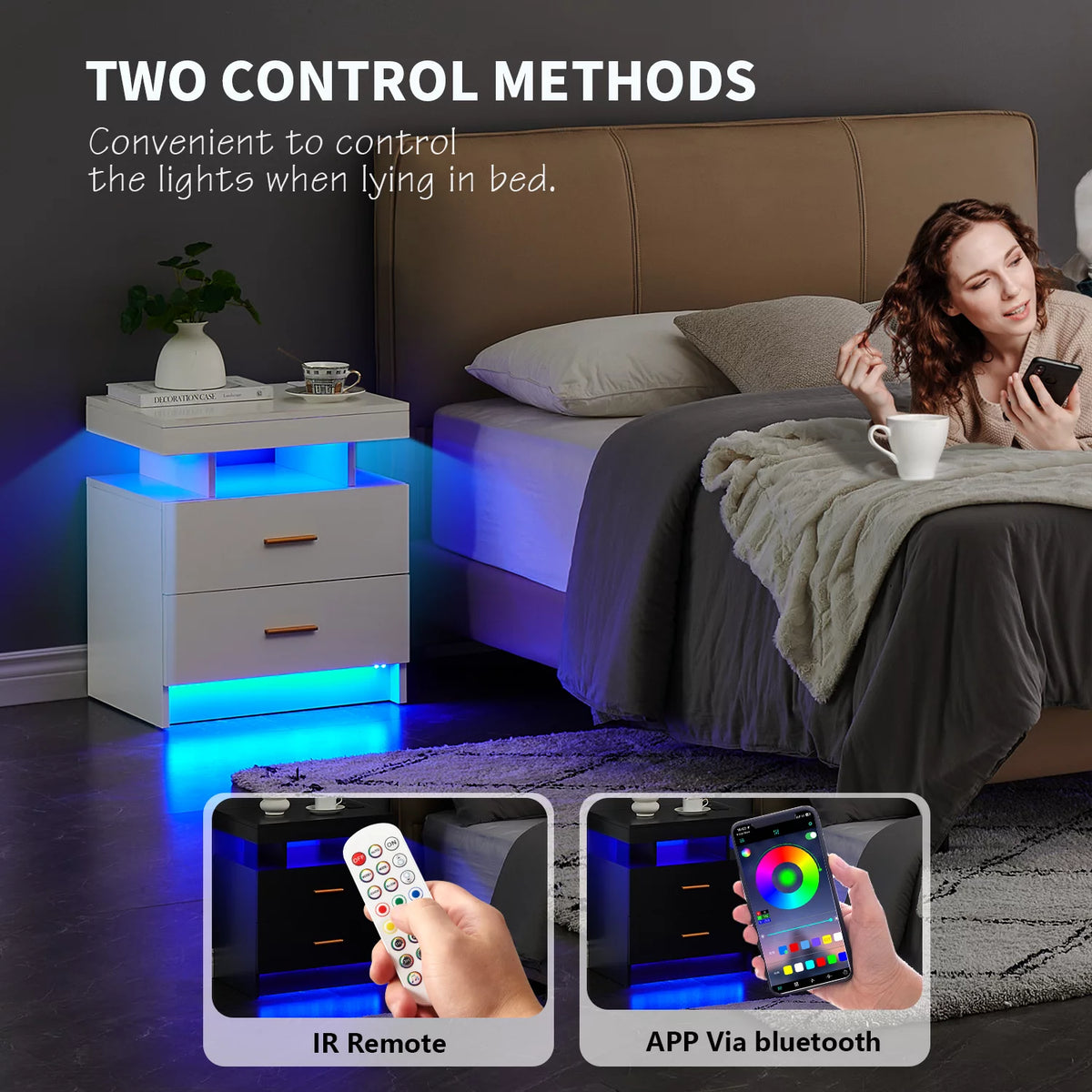 Black 2 Drawer LED Nightstand with Wireless Charging Station A398