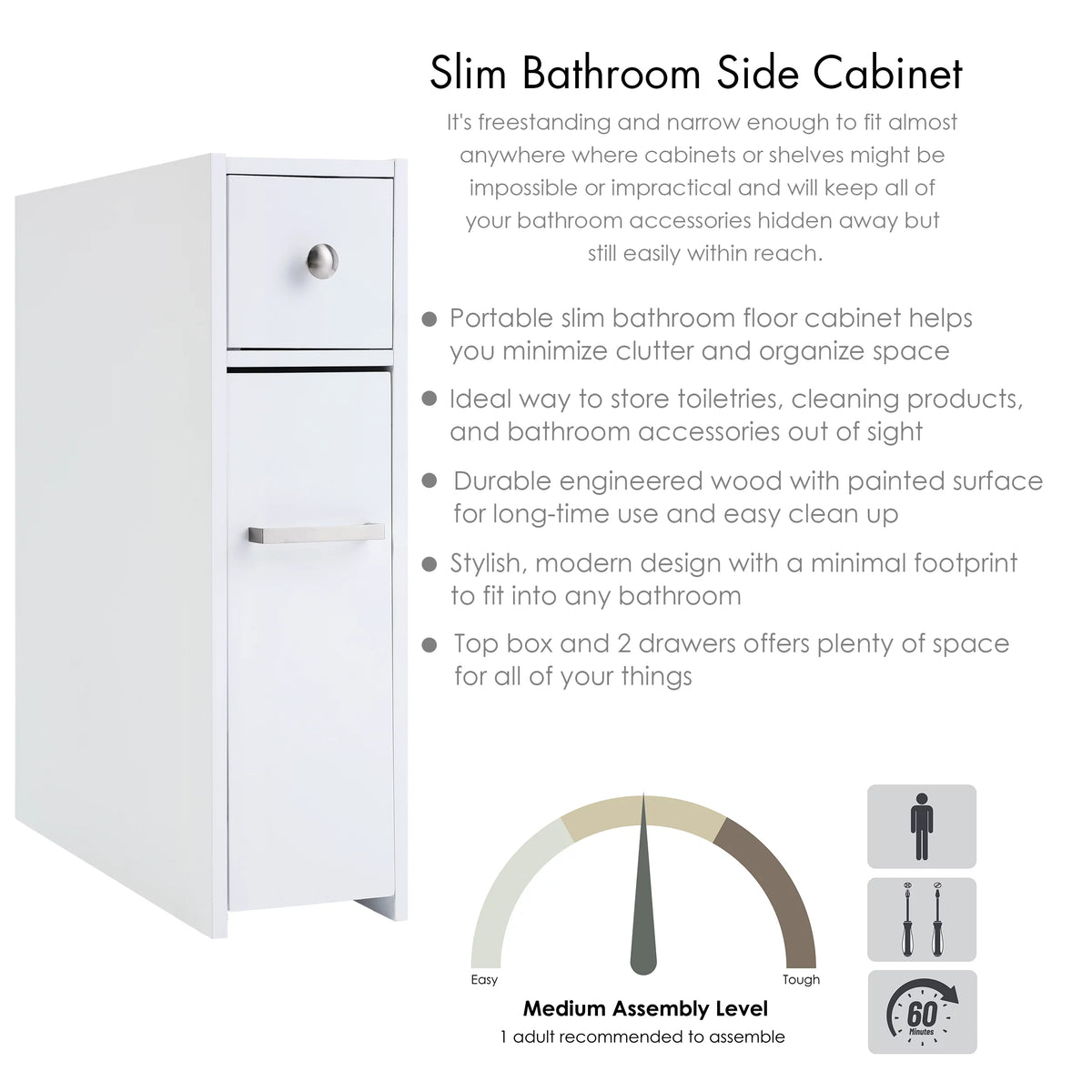 White Slim Bathroom Storage Cabinet with Toilet Paper Holder and Slide Out Drawer Y310