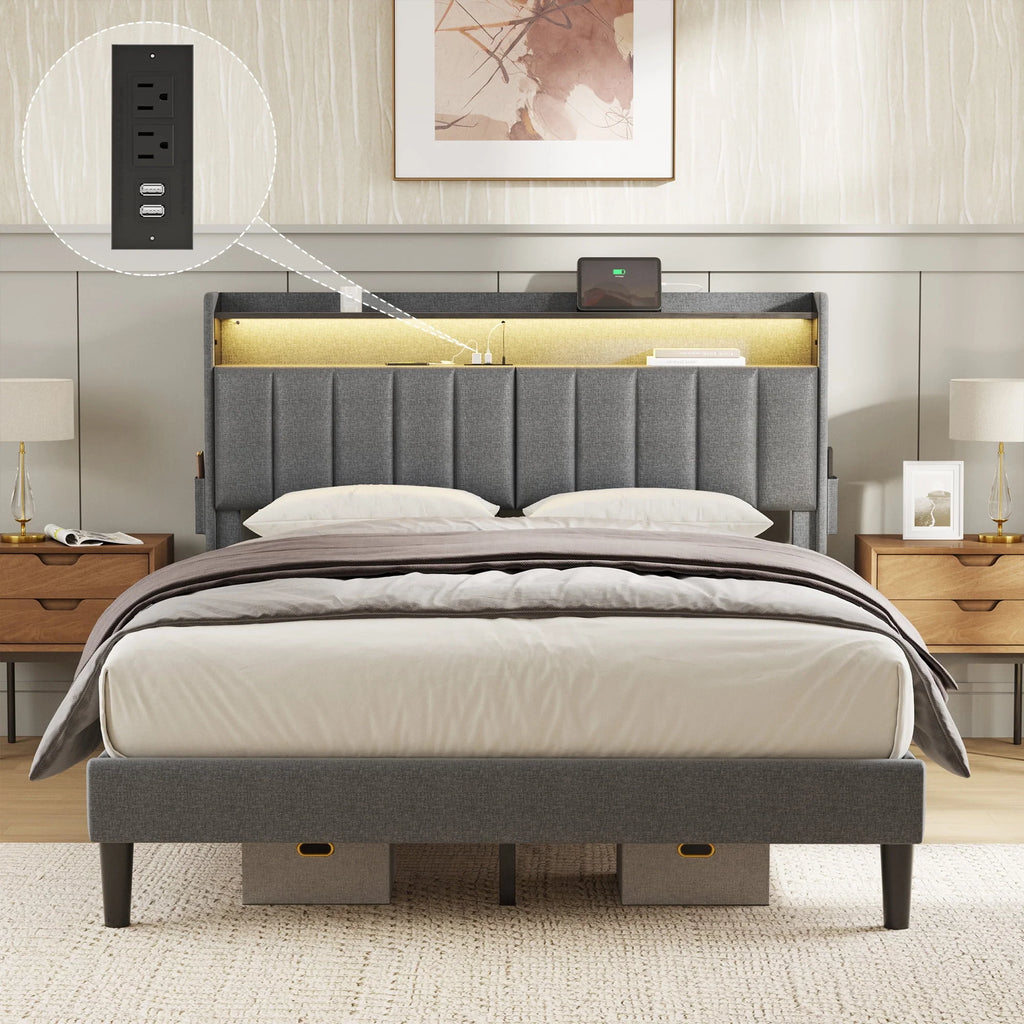 Queen Upholstered Platform Bed Frame with Storage Headboard N12322