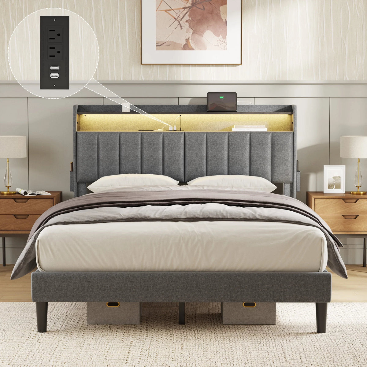 Queen Upholstered Platform Bed Frame with Storage Headboard N12322