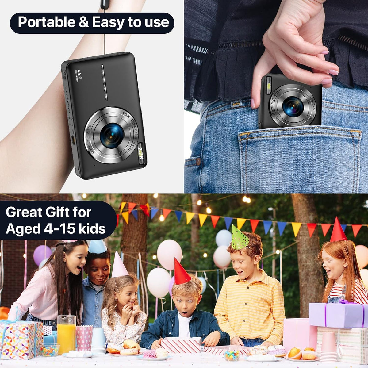 Black 44MP FHD 1080P Compact Digital Camera with 32GB Card C5385