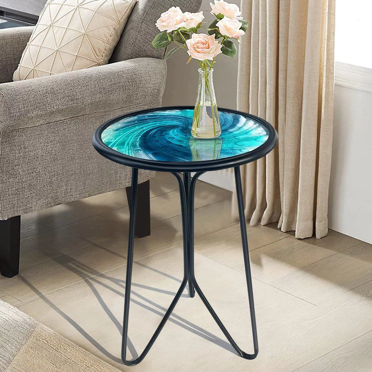 Mosaic Metal Round Glass Table 12x12x22 inch Z462792