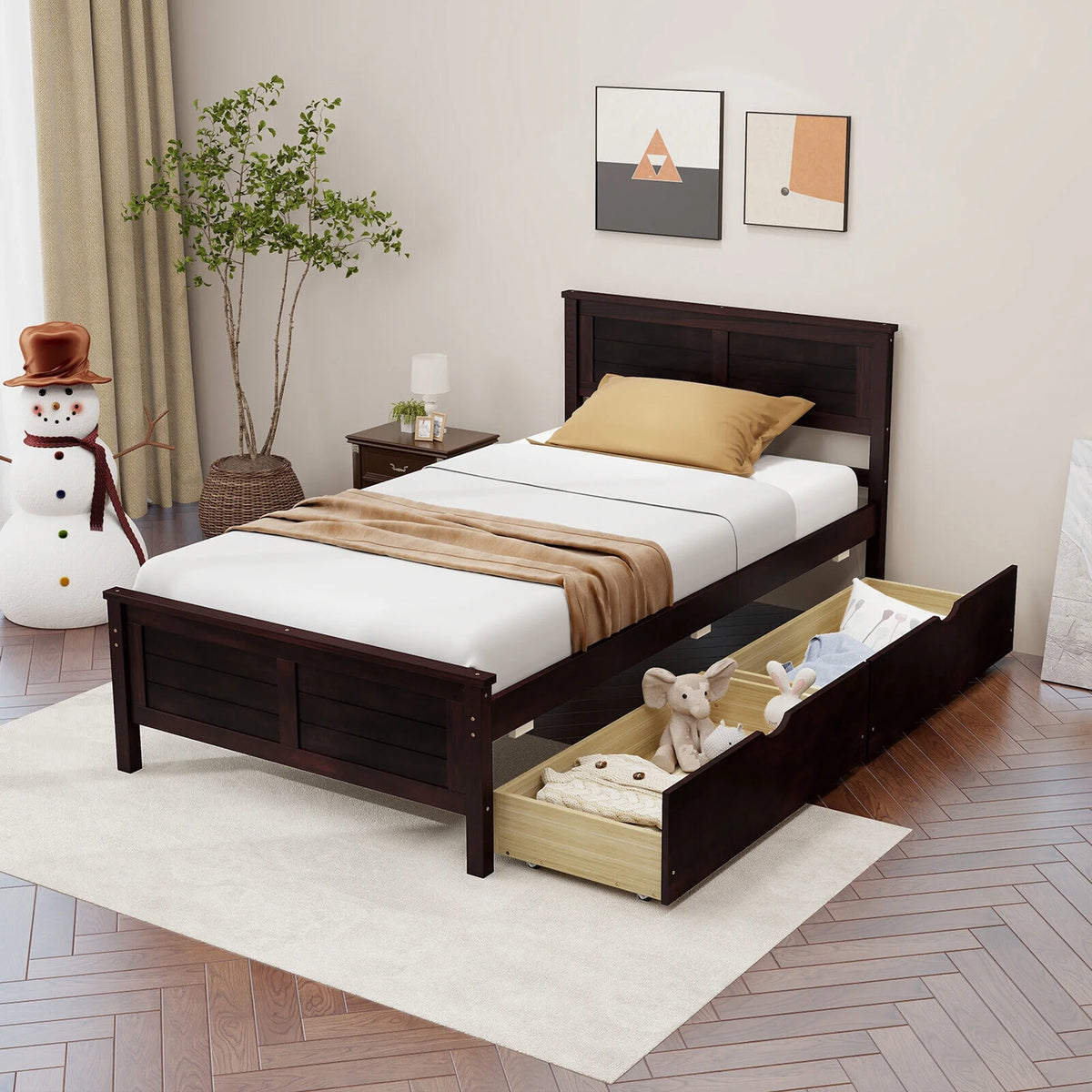 Twin Size Wooden Bed Frame with 2 Storage Drawers L381