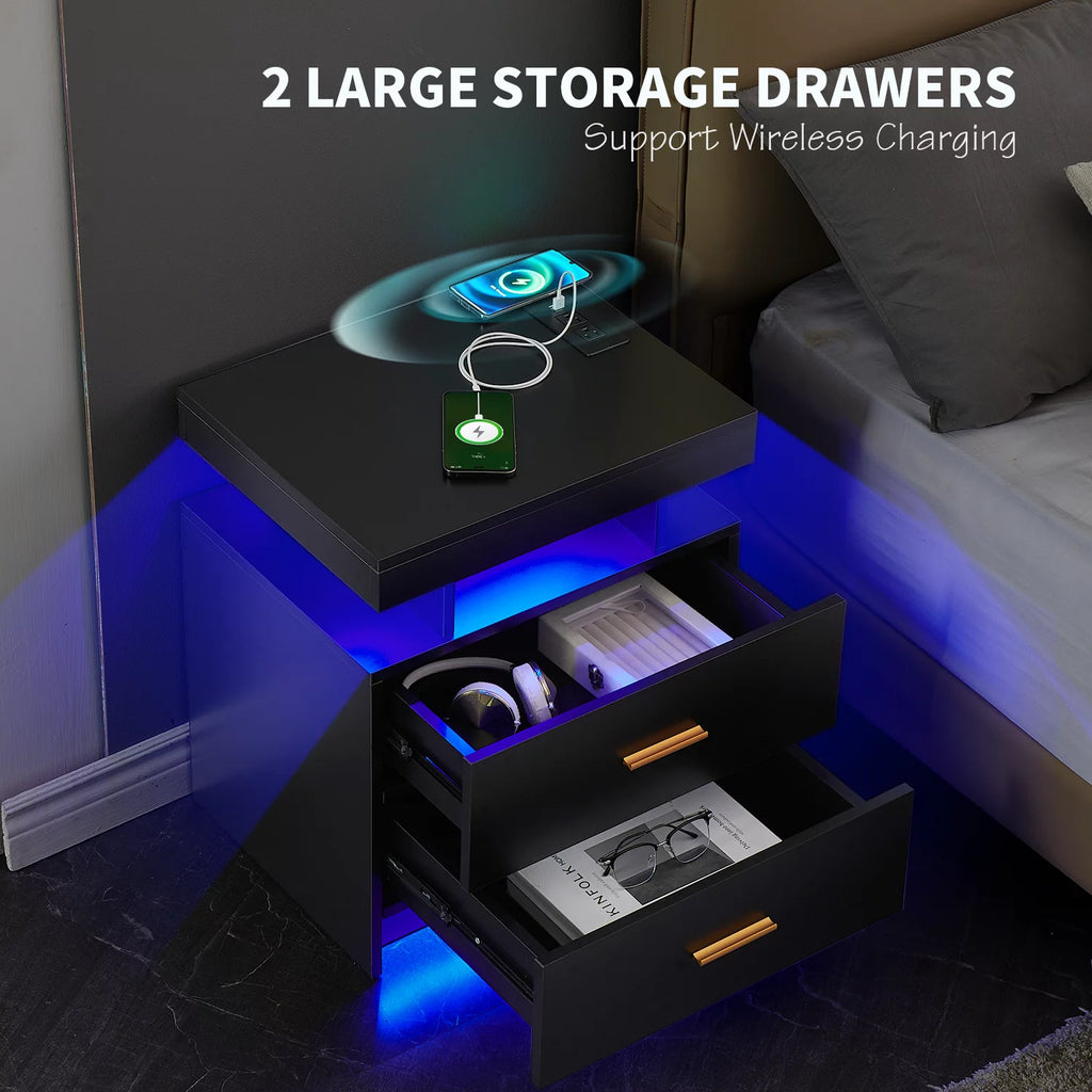 Black 2 Drawer LED Nightstand with Wireless Charging Station A398