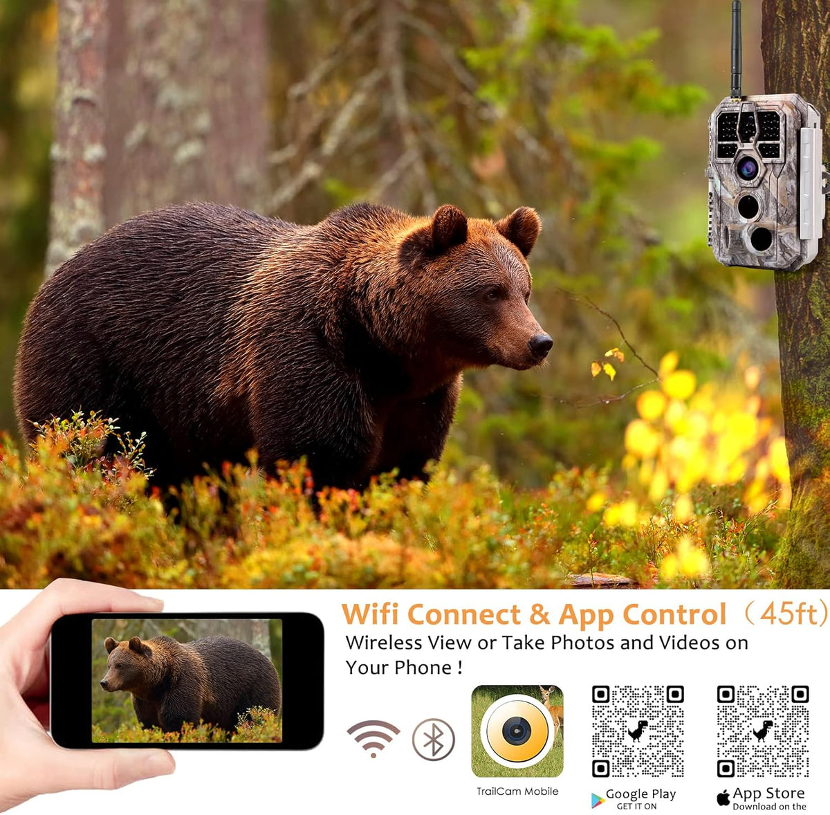 Bluetooth WiFi Deer & Trail Game Camera 32MP 1296P No Glow Night Vision Waterproof H235