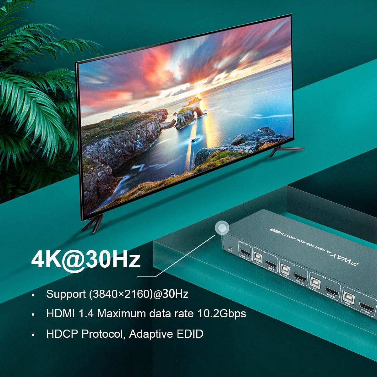 4 Port HDMI KVM Switch 4K@30Hz USB 2.0 with Cables Q663892