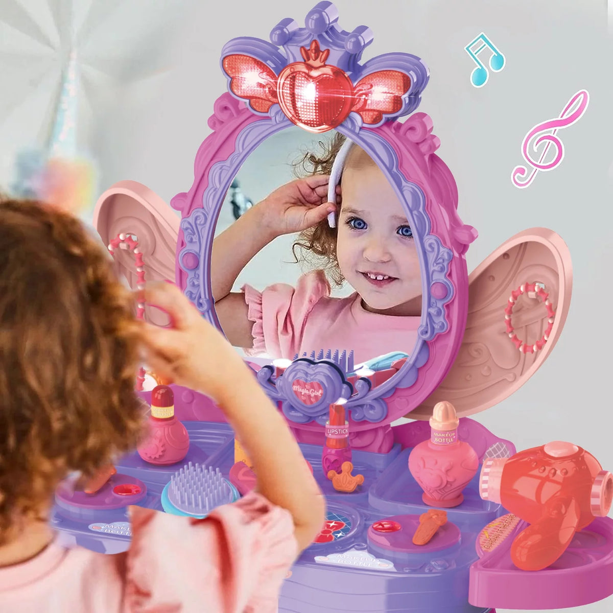 Pretend Play Girls Vanity Set With Mirror And Stool Y48837