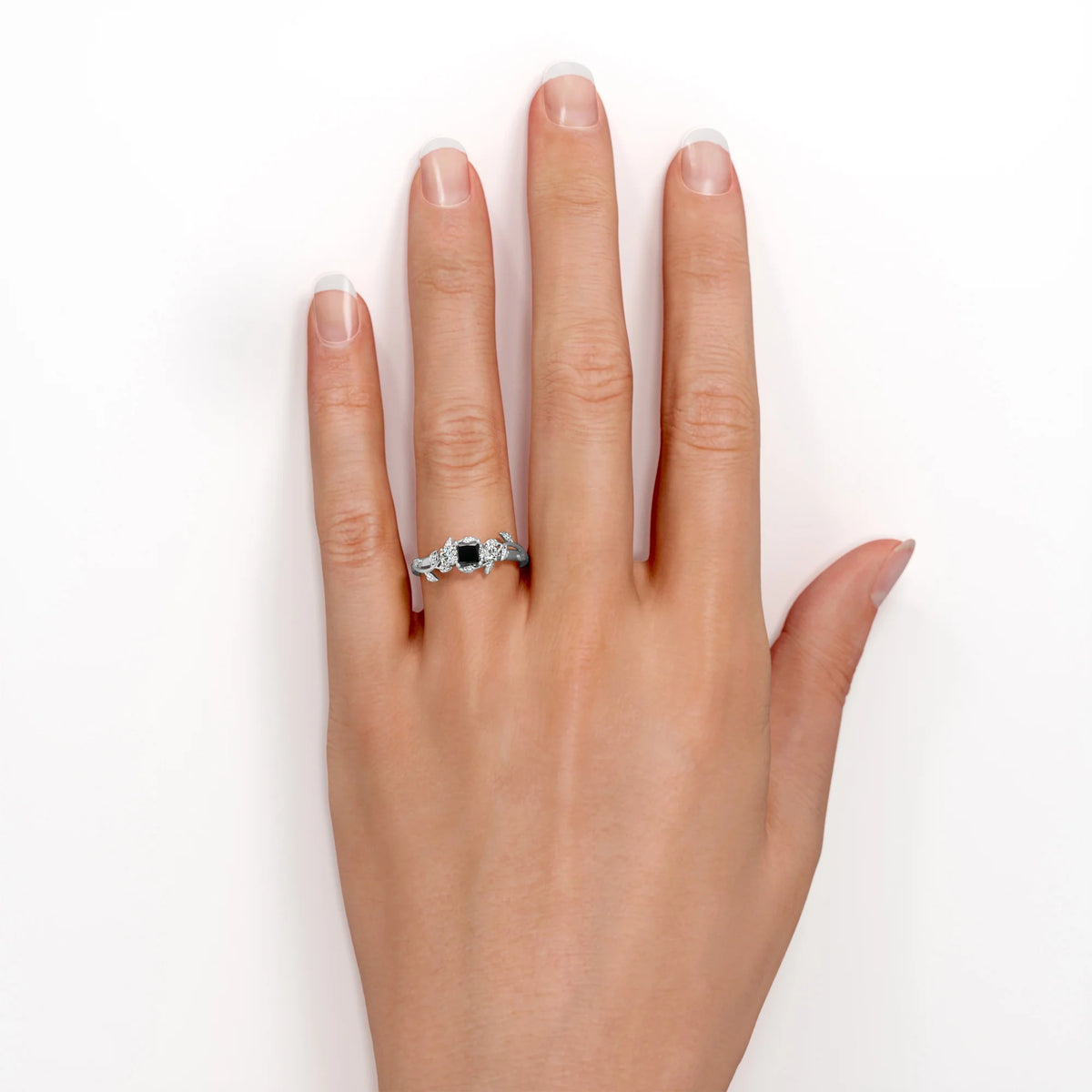 Three Stone Engagement Ring with Lab Grown Black Diamond and Moissanite W40572