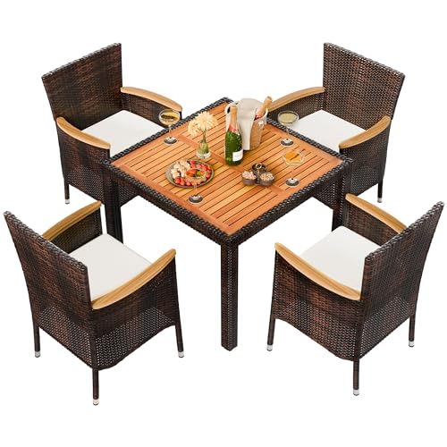5 Pieces Wicker Patio Dining Set with Wood Table Top X69636