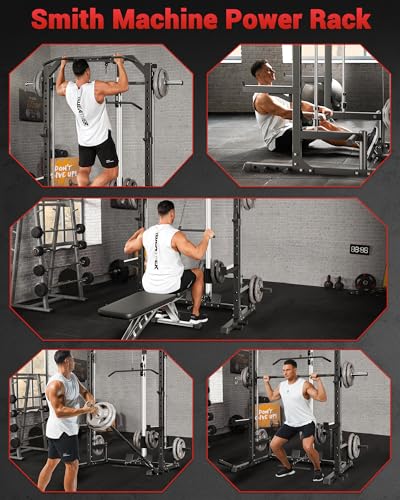 Smith Machine Home Gym with Barbell Bar, Cable System, Lat Pulldown Attachments, Safety Spotter Arms, J Hooks, Landmine, Multi-Functional Squat Rack O539
