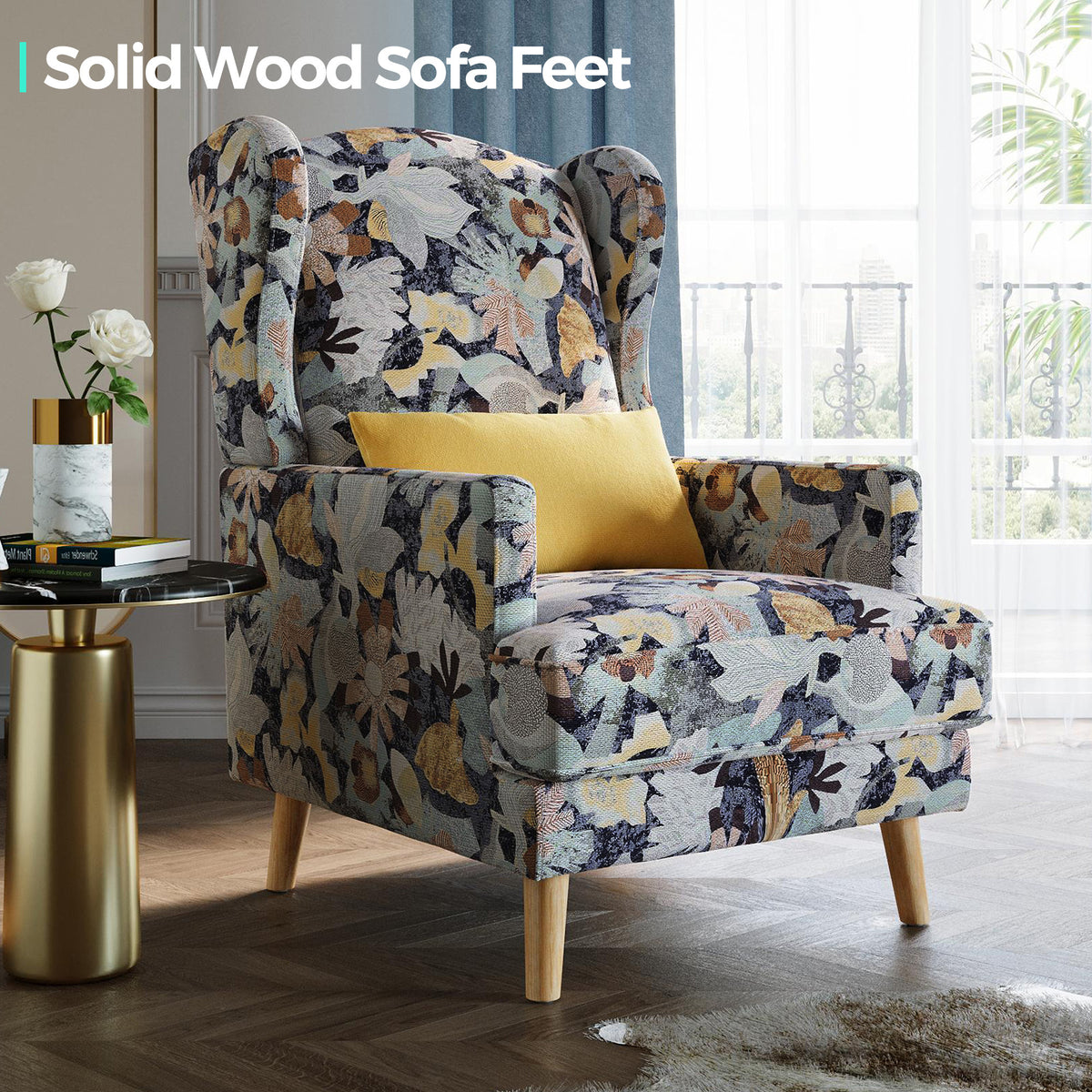 Accent Chair with Ottoman and Pillow, Wooden Leg Q163