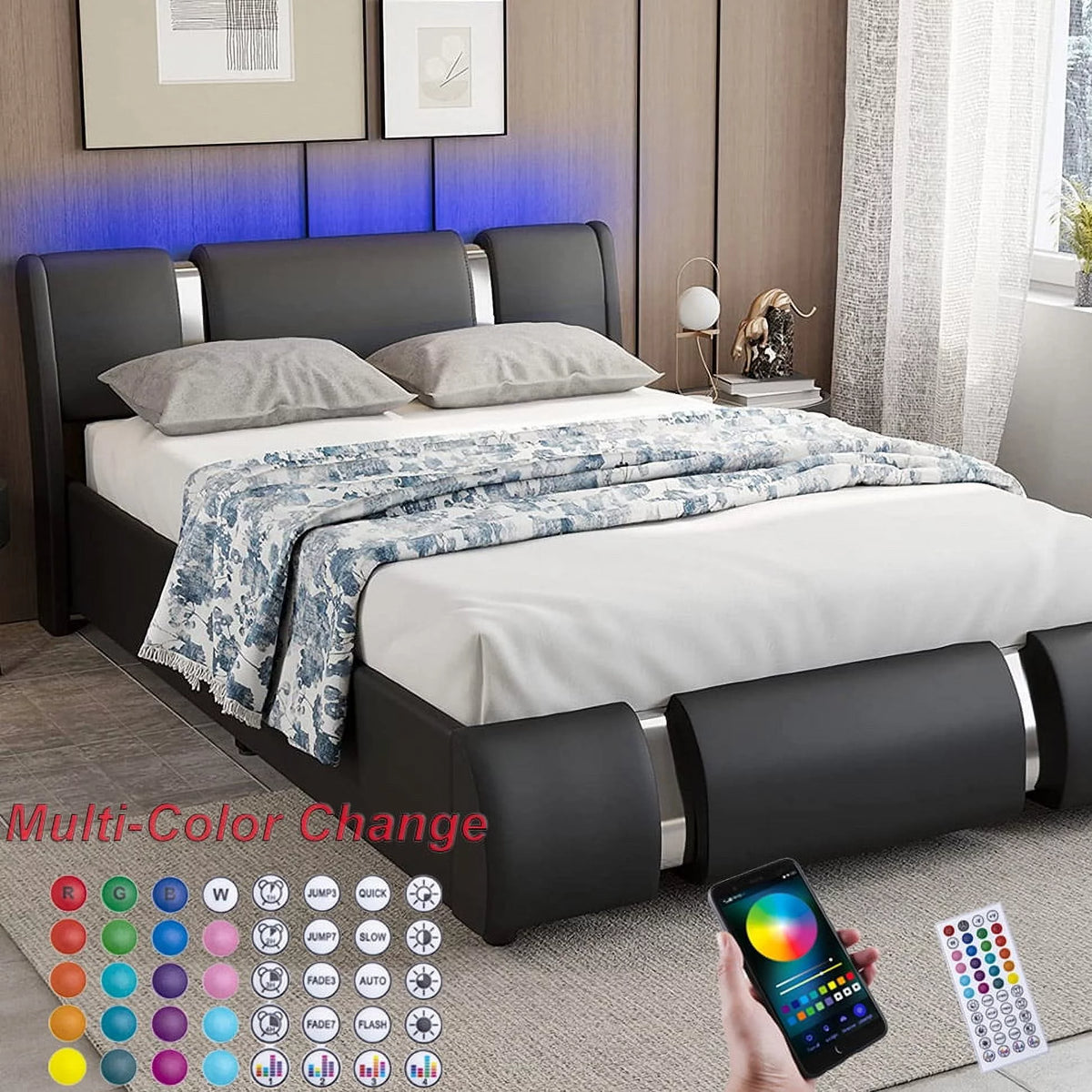 Faux Leather Full Size Platform Bed with LED Light and Adjustable Headboard V36407