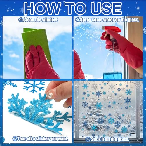 Glitter Snowflake Window Clings Blue Silver Double-Sided X112