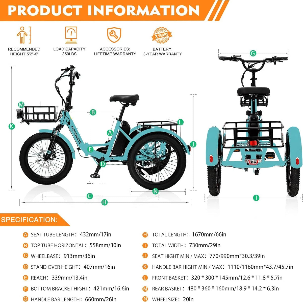 20 x4in Fat Tire Electric Tricycle 500W E-bike K11011