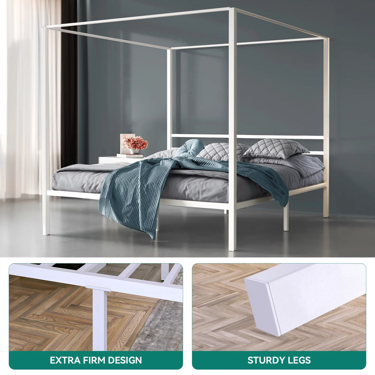 White Twin Size Metal Canopy Platform Bed Frame with Headboard G4099