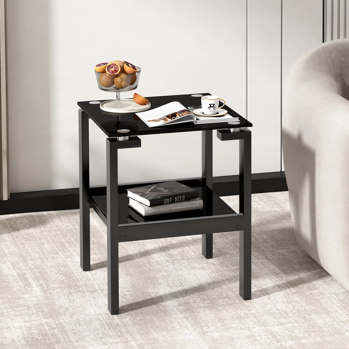 Black Tempered Glass 2 Layer End Table F347