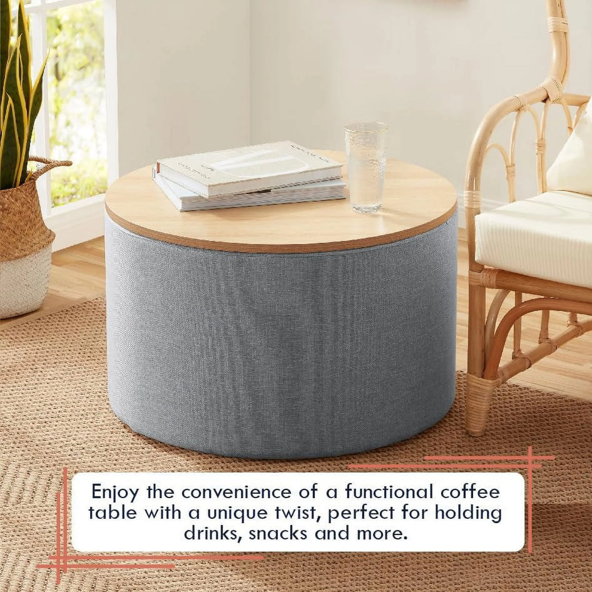 Large Round Linen Beige Coffee Table Ottoman with Lift Off Lid H44794