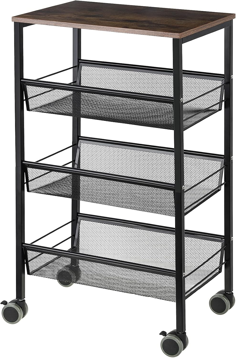 3-Tier Metal Mesh Rolling Kitchen Cart with Wood Cover Q33223