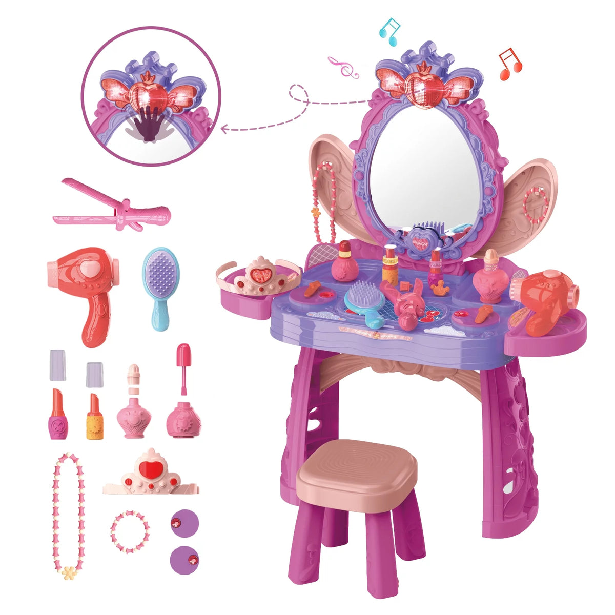 Pretend Play Girls Vanity Set With Mirror And Stool Y48837
