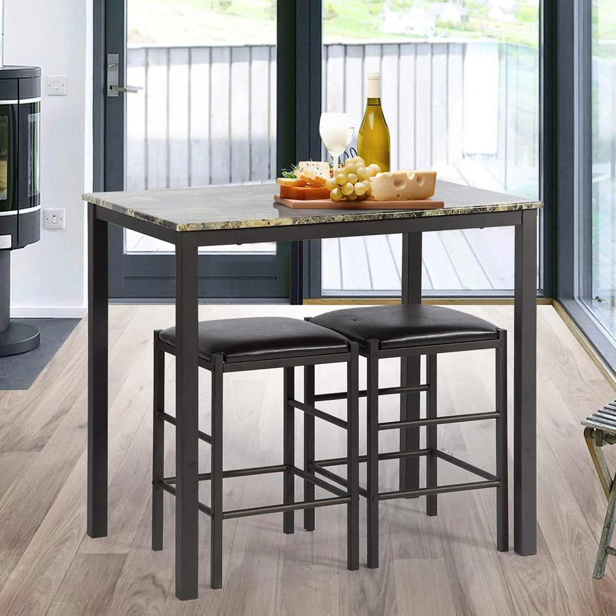 Brown Marble Rectangular Dining Table and Chair for 2 W2312