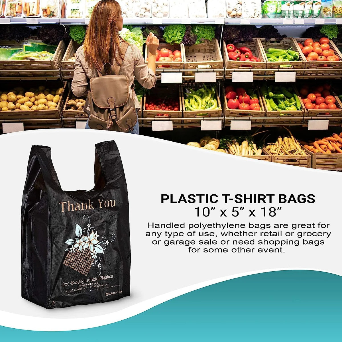 Black 18 Micron Thank You Plastic Bags 10 x 6 x 18 T78150