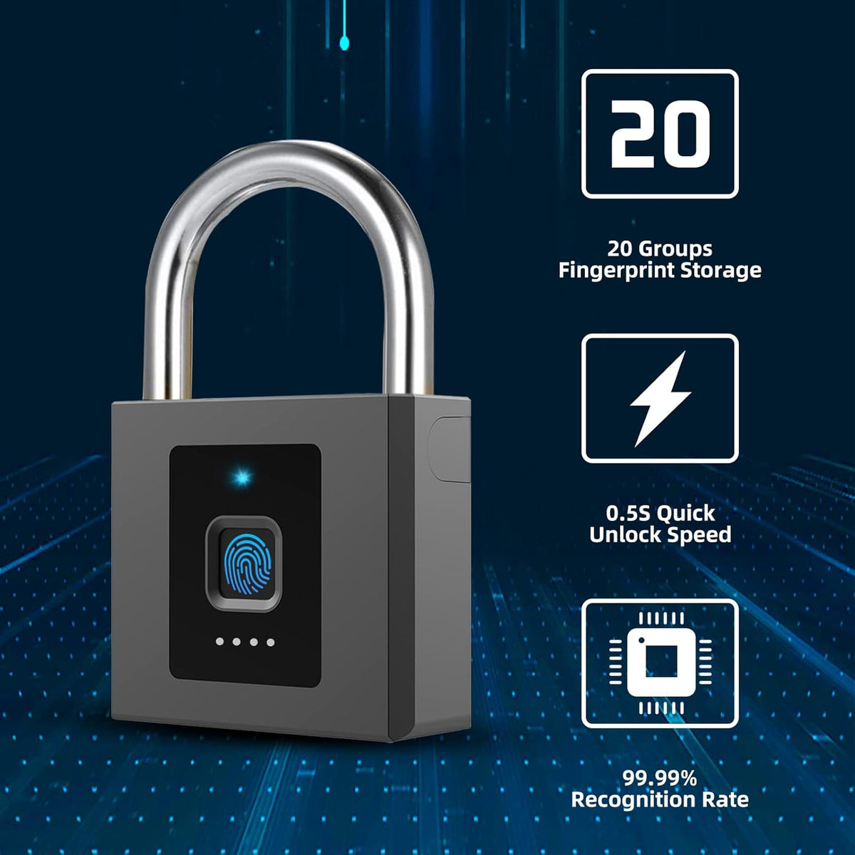 Fingerprint Padlock, Large Size Smart Lock, Bluetooth Padlock with Keyless Biometric, Waterproof for Warehouse, Gym, Cabinets, Office Pack of 2 D555