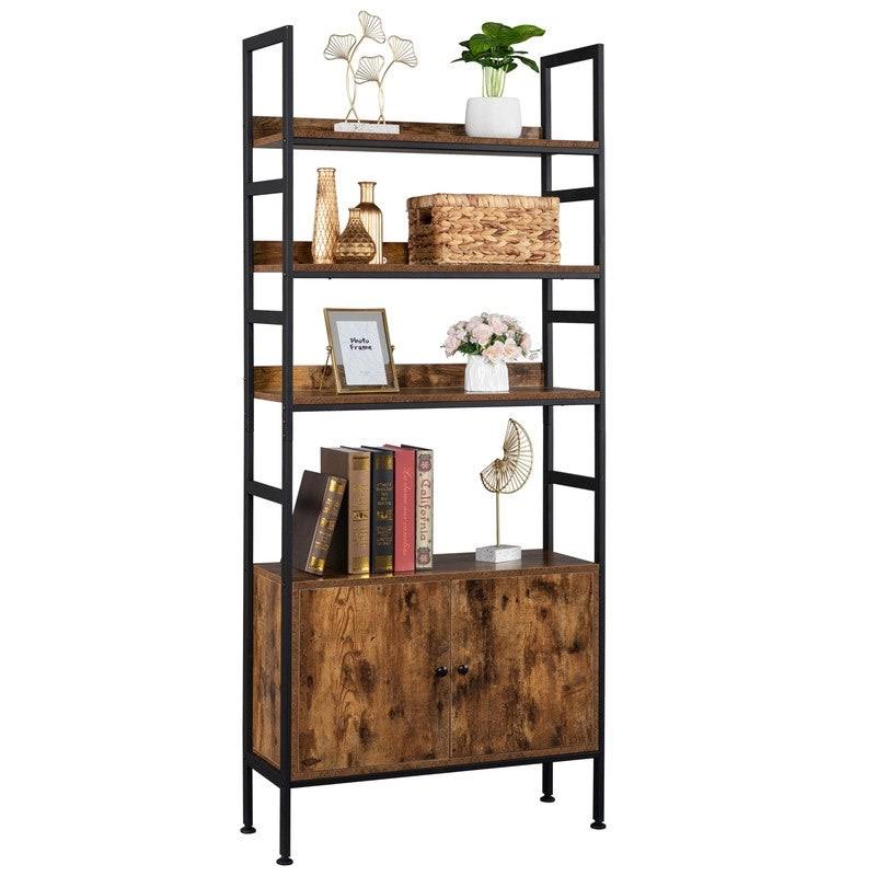 4-Tier Industrial Bookcase with Cabinets - Brown W1526