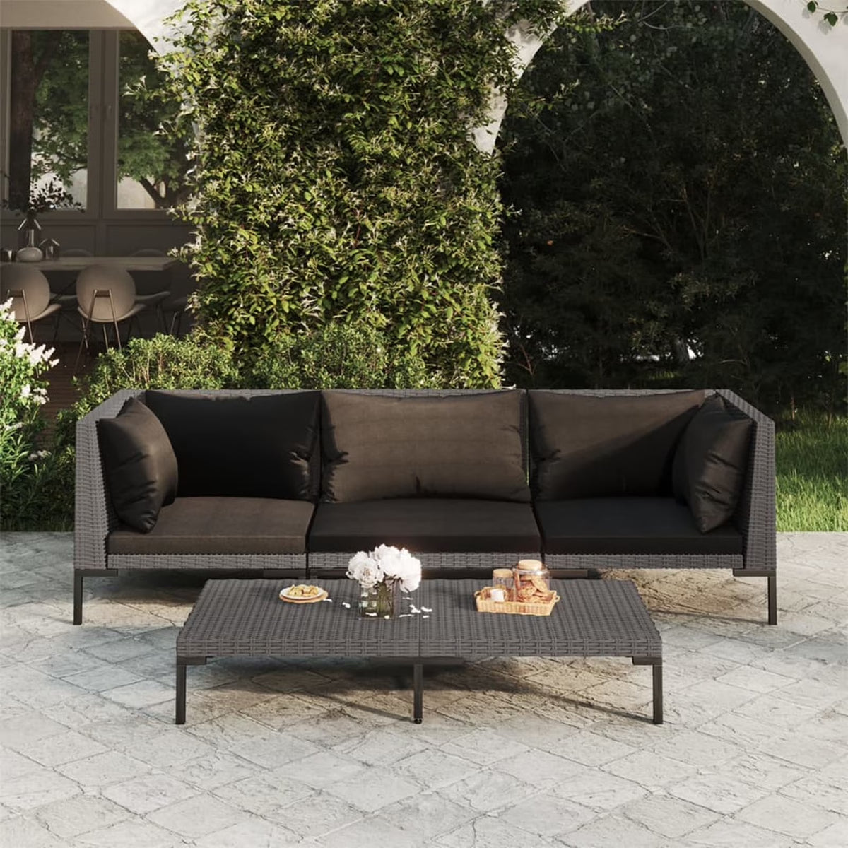 4 Piece Poly Rattan Outdoor Sectional Sofa Set with Cushions Steel Frame P7813