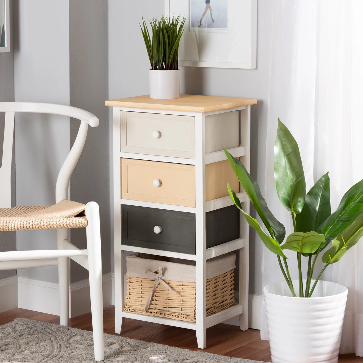 Multi-Colored Wood 3-Drawer Storage Unit with Basket A45917