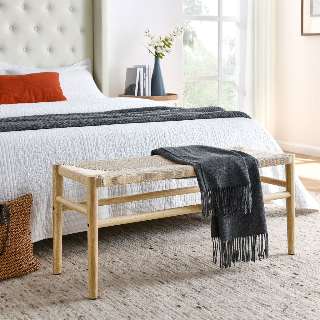 Indoor Entryway Bench with Paper Cord Ottoman, Rubber Wood Legs Y8790