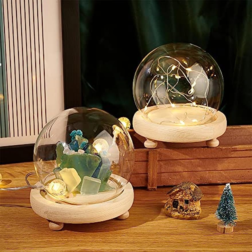 2 Sets Round Glass Display Dome with Wood Base V117854