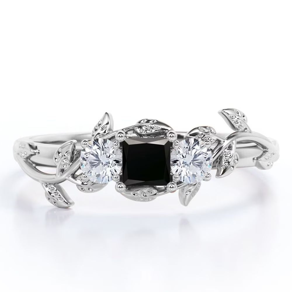 Three Stone Engagement Ring with Lab Grown Black Diamond and Moissanite W40572