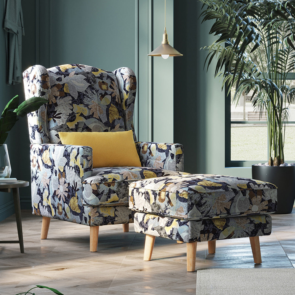 Accent Chair with Ottoman and Pillow, Wooden Leg Q163