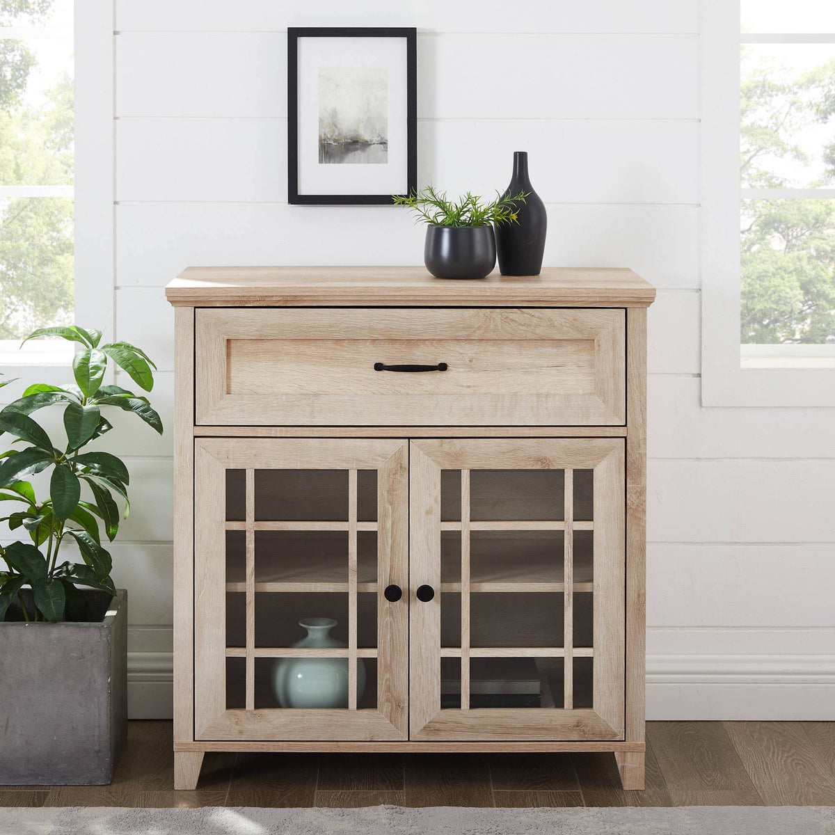 White Oak 2 Door Window Pane Accent Cabinet T304564