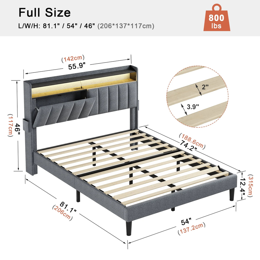 Queen Upholstered Platform Bed Frame with Storage Headboard N12322