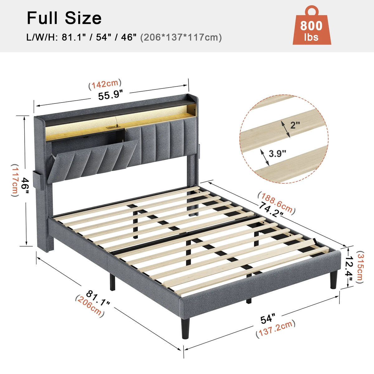 Queen Upholstered Platform Bed Frame with Storage Headboard N12322