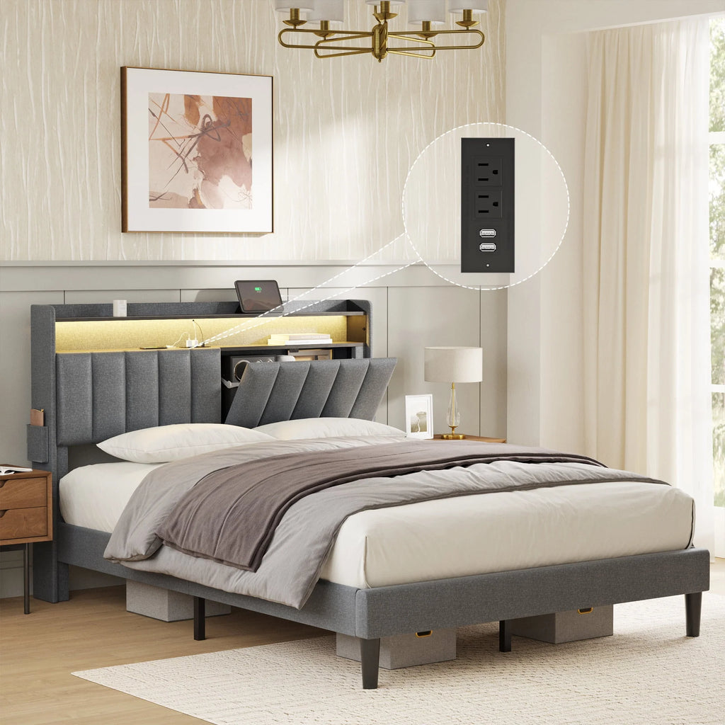Queen Upholstered Platform Bed Frame with Storage Headboard N12322