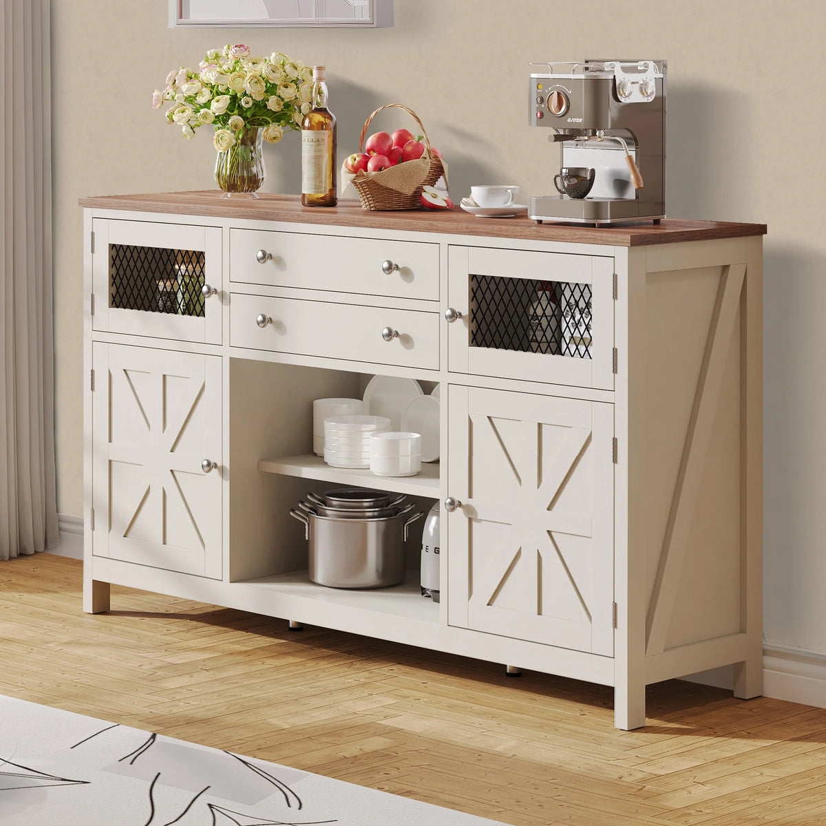 Antique White Farmhouse Coffee Bar Cabinet with 2 Drawers F48201